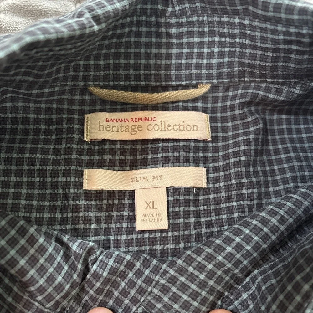 Banana Republic Heritage Collection Mens XL Slim Fit Micro Check Shirt Grey Teal
